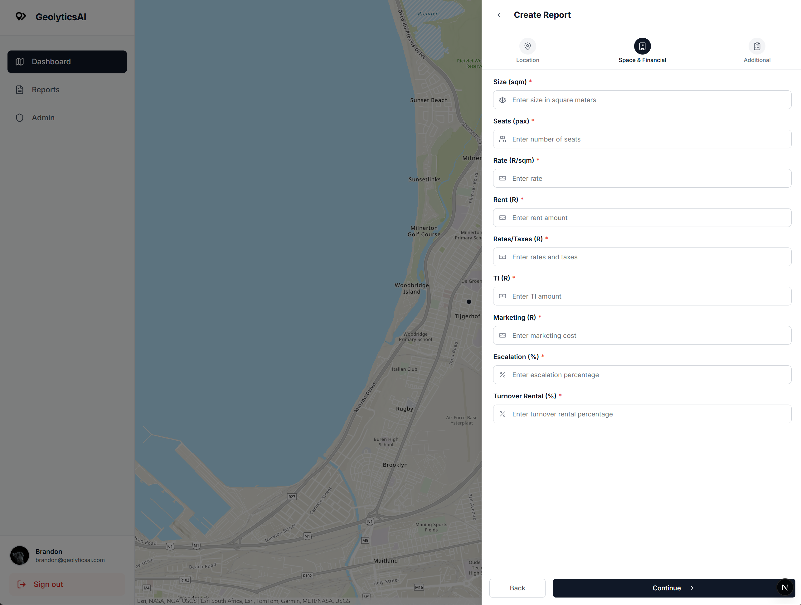 GeolyticsAI dashboard displaying demographic information, South Africa statistics, LSM levels, income stats, population demographics, site selection analysis, and competition mapping for business intelligence